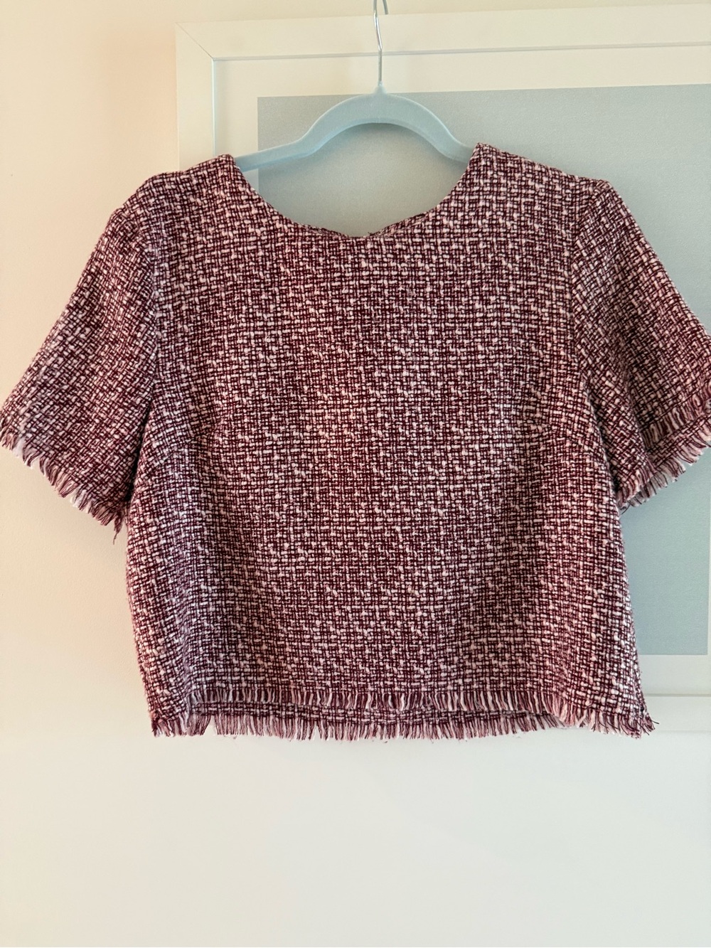 Aqua Burgundy Tweed Fringe Crop Top